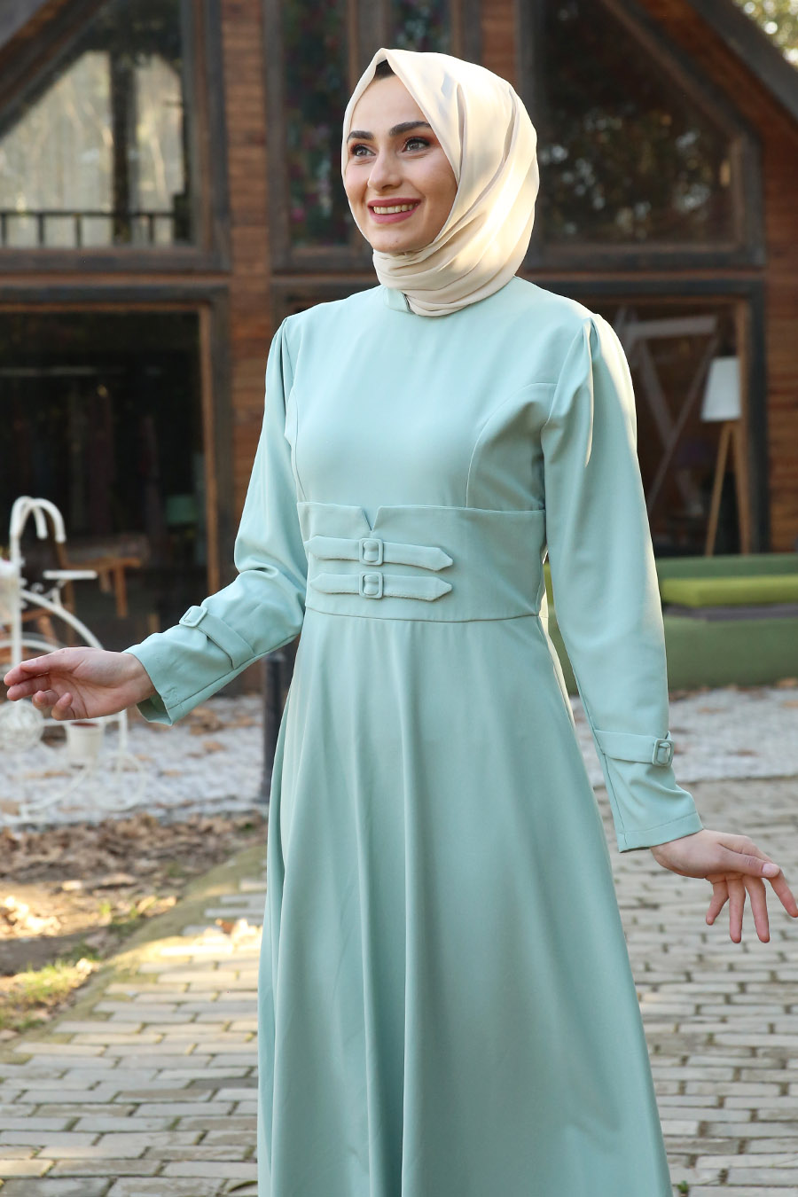 Beli Detaylı Tesettür Elbise - Mint Beli Detaylı Tesettür Elbise - Mint