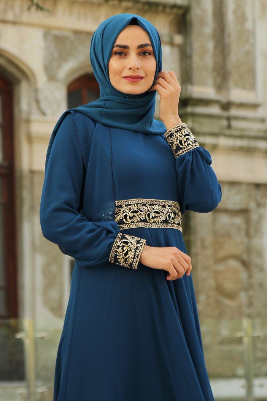 Güpür Detaylı Tesettür Abiye Elbise - Petrol Mavisi