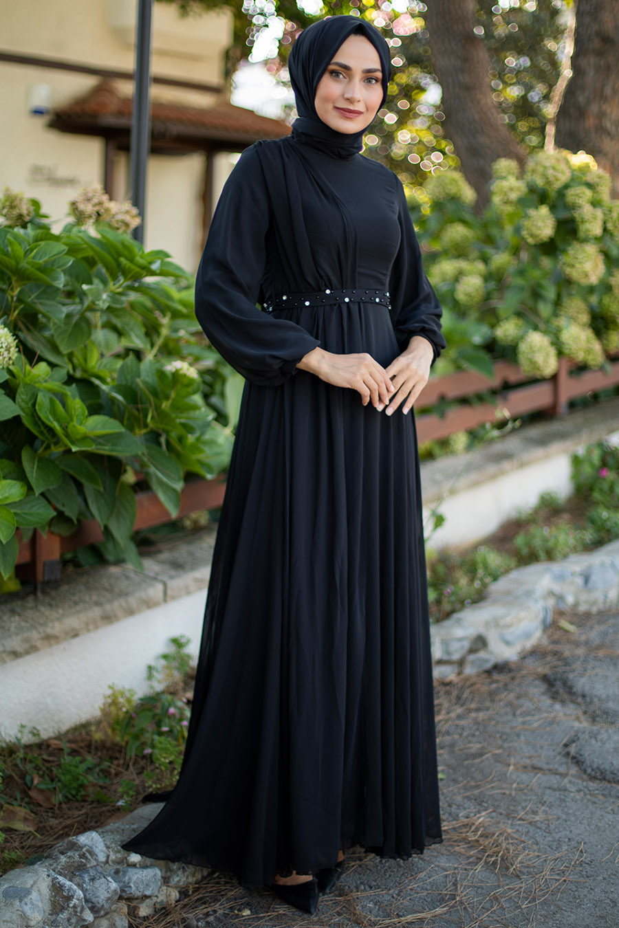 Beli İnci Detaylı Tesettür Abiye Elbise - Siyah  