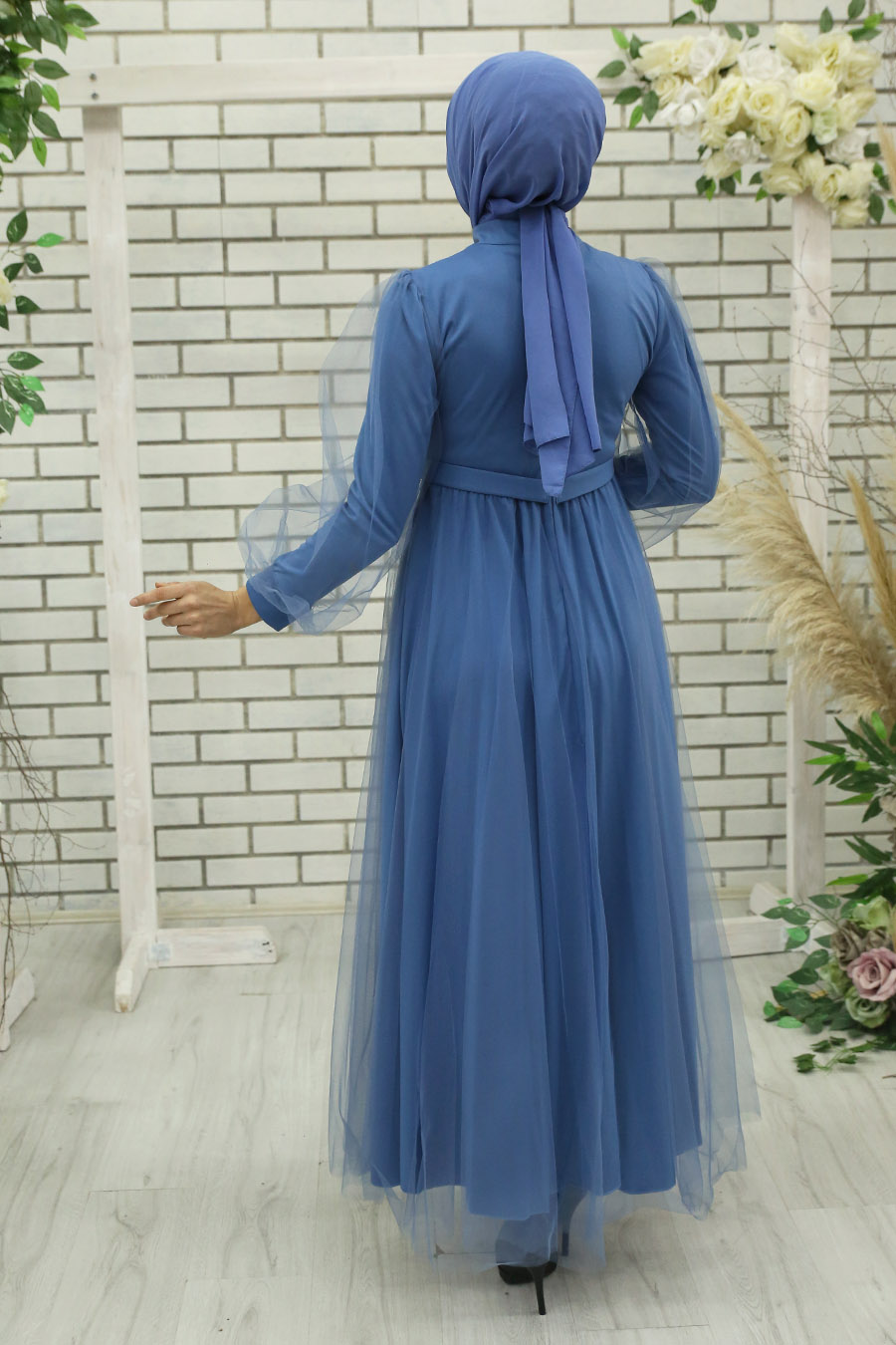 Beli İnci Detaylı Tesettür Abiye Elbise - İndigo 