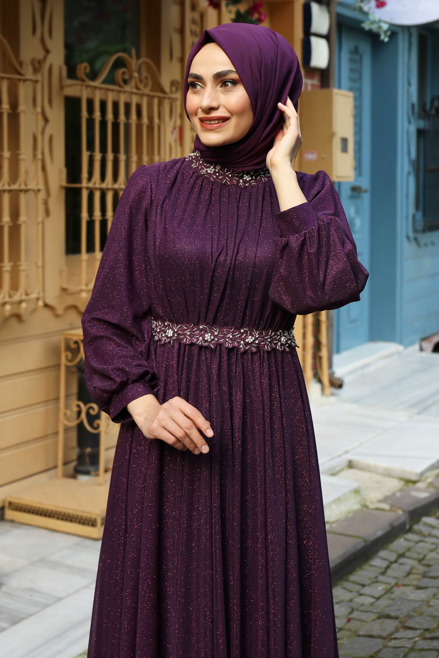 Beli Taşlı Tesettür Abiye Elbise - Mor Beli Taşlı Tesettür Abiye Elbise - Mor