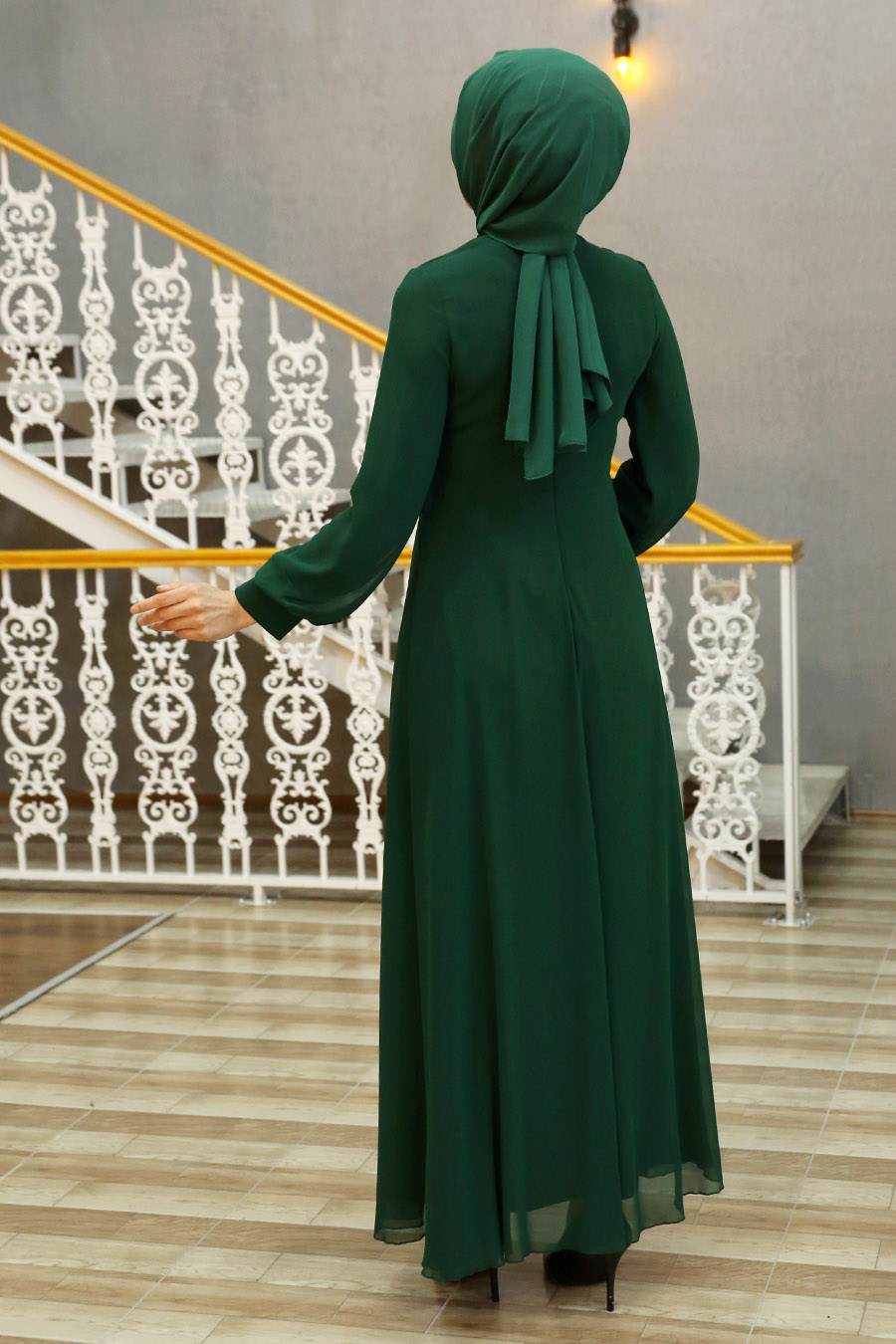 Beli Taş Detaylı Tesettür Abiye Elbise - Yeşil