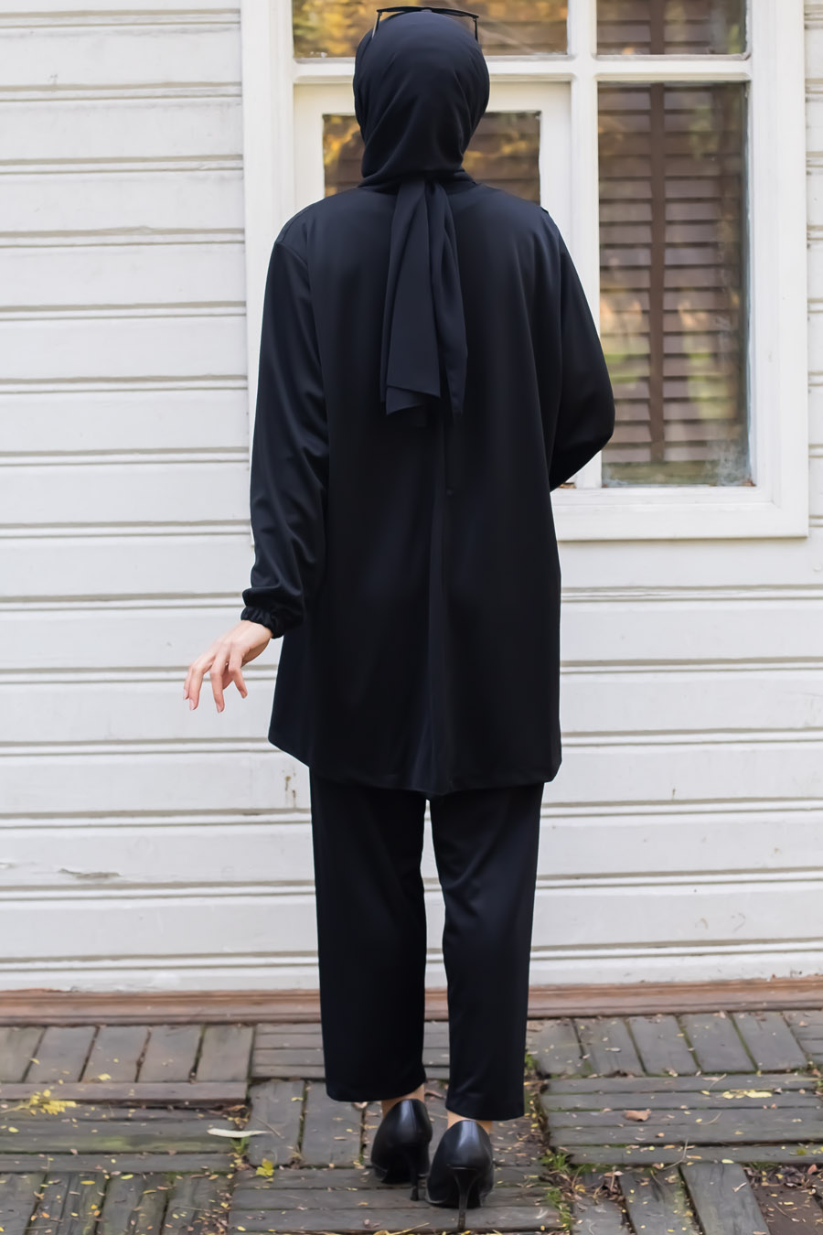 Kaz Ayağı Detaylı Tunik Pantolon İkili Tesettür Takım - Siyah