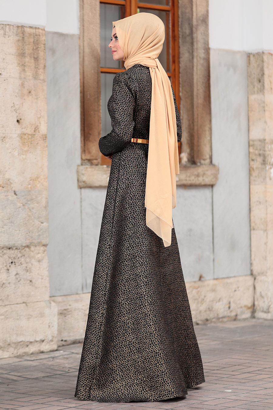 Brokar Kumaş Tesettür Abiye Elbise - Siyah