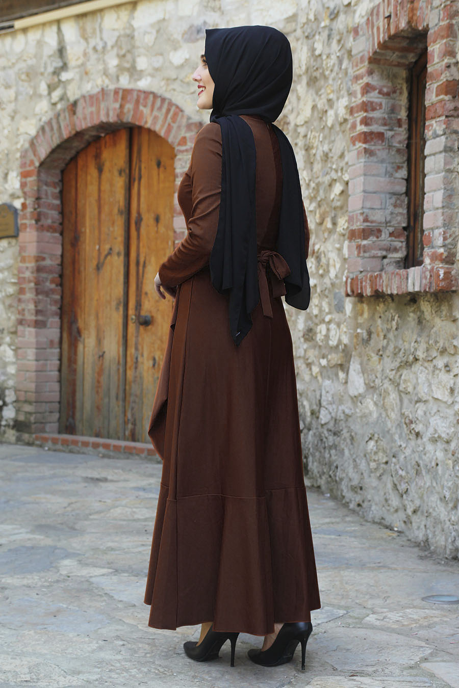 Fırfırlı Tesettür  Elbise - Kahverengi