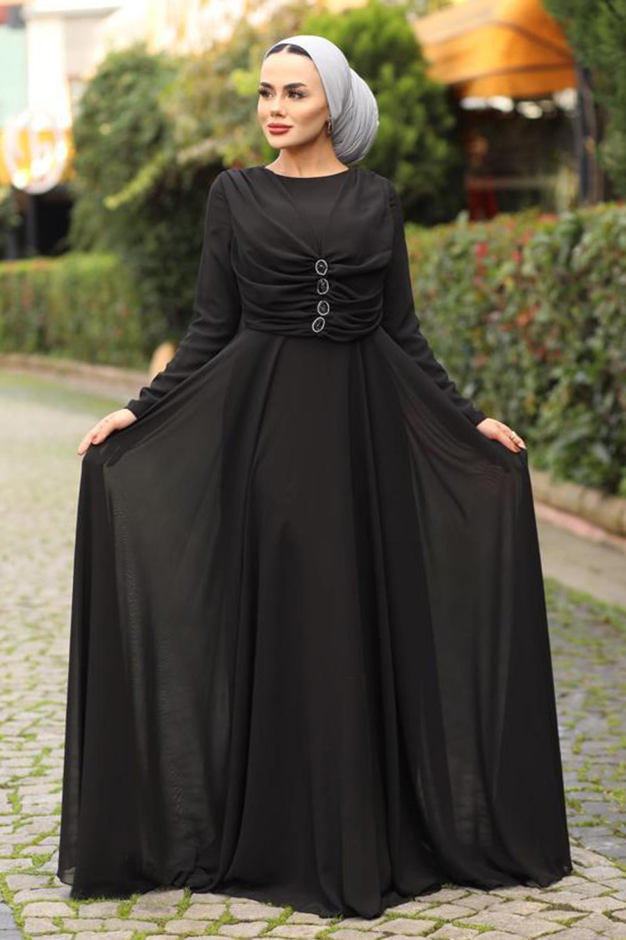 Büzgü Detaylı Tesettür Abiye Elbise - Siyah  