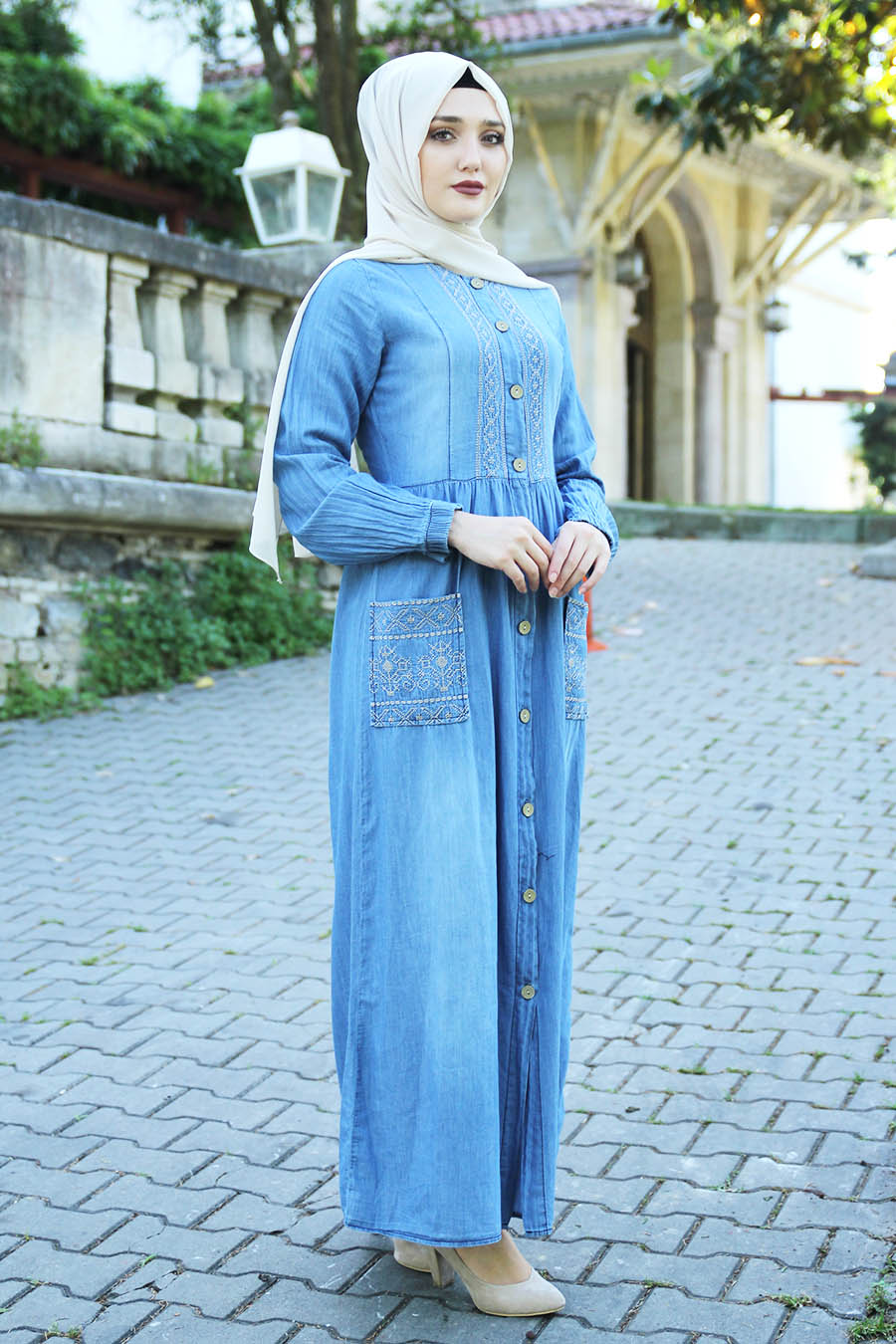 Cepli ve Düğmeli Tesettür Elbise - Mavi