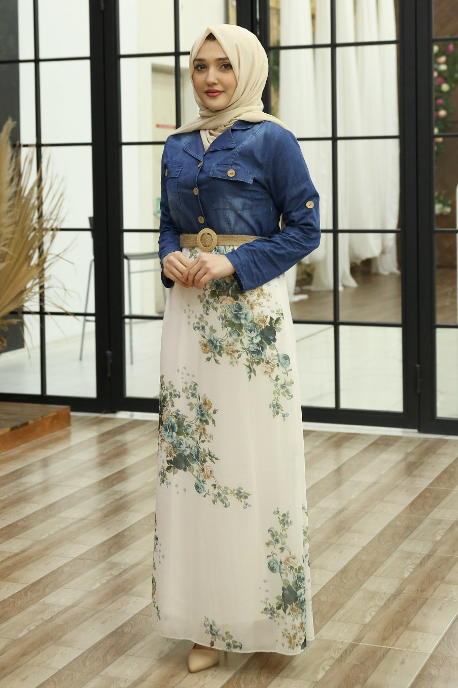 Çiçek Detaylı Kot Tesettür Elbise - İndigo
