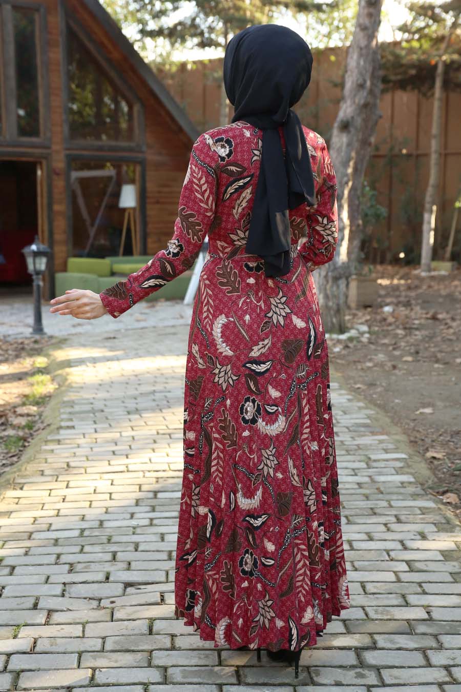 Flower Patterned Dress - Claret Red 