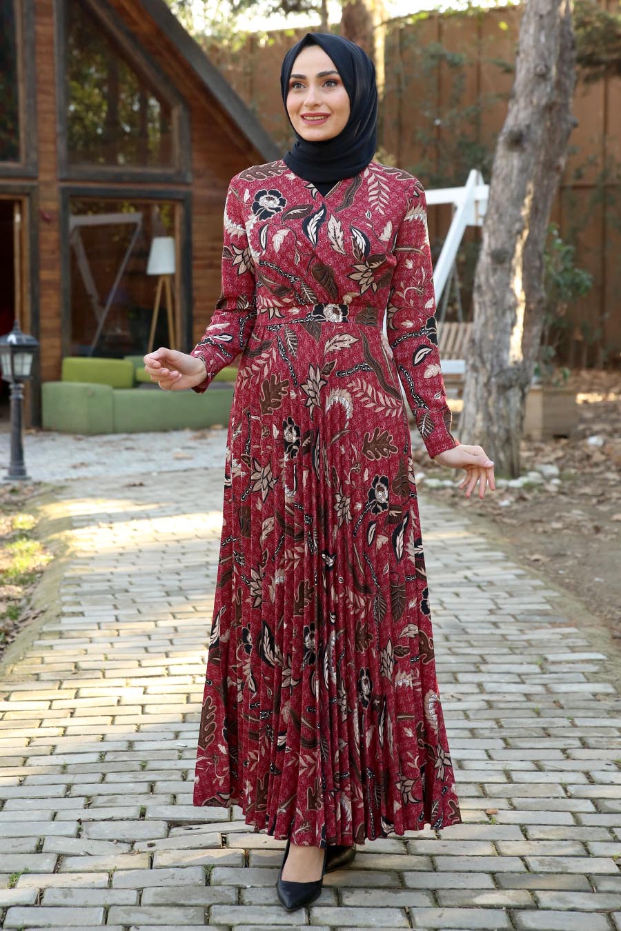 Flower Patterned Dress - Claret Red 