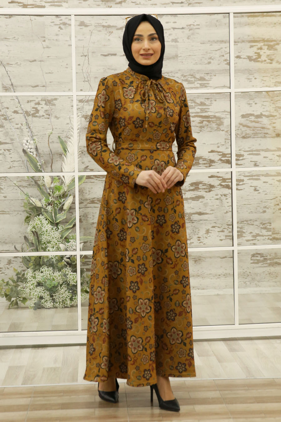 Flower Patterned Dress - Mustard 