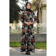 Çiçekli Tesettür Elbise - Siyah