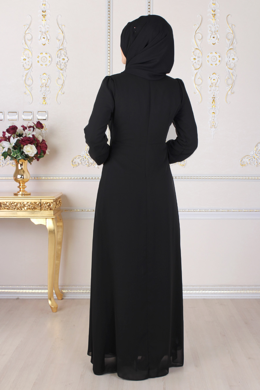Dantel Detaylı Pelerinli Tesettür Abiye Elbise -  Siyah