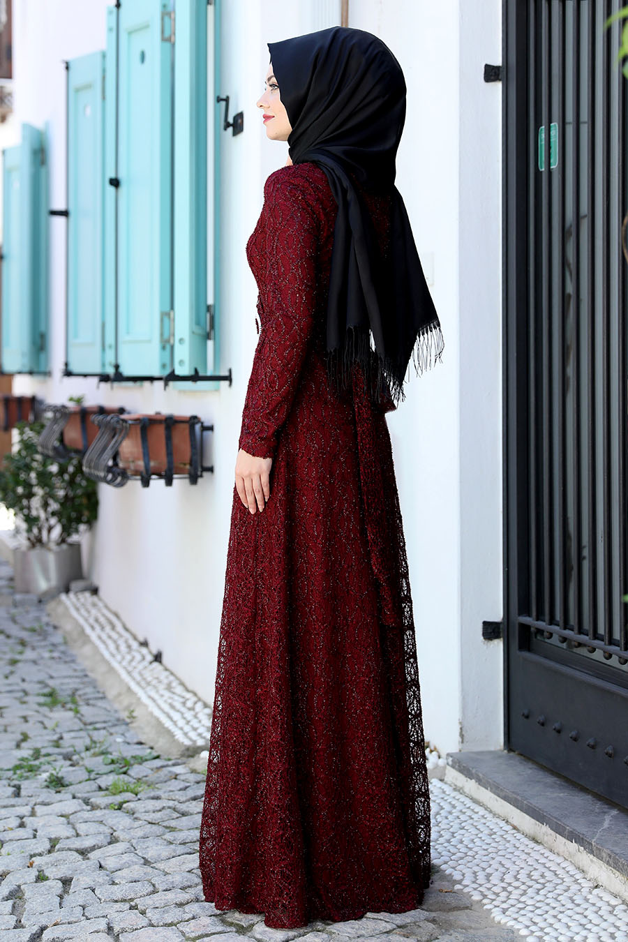 Dantelli Tesettür Abiye Elbise - Bordo