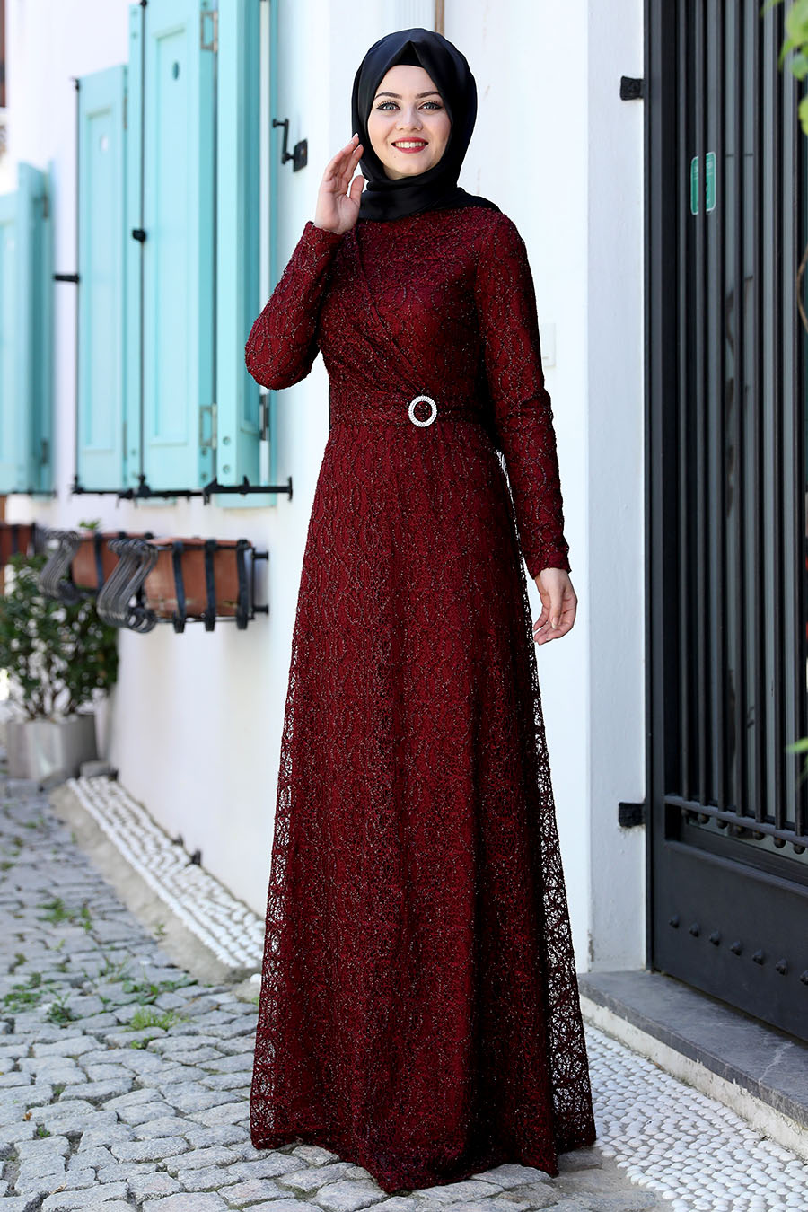 Dantelli Tesettür Abiye Elbise - Bordo