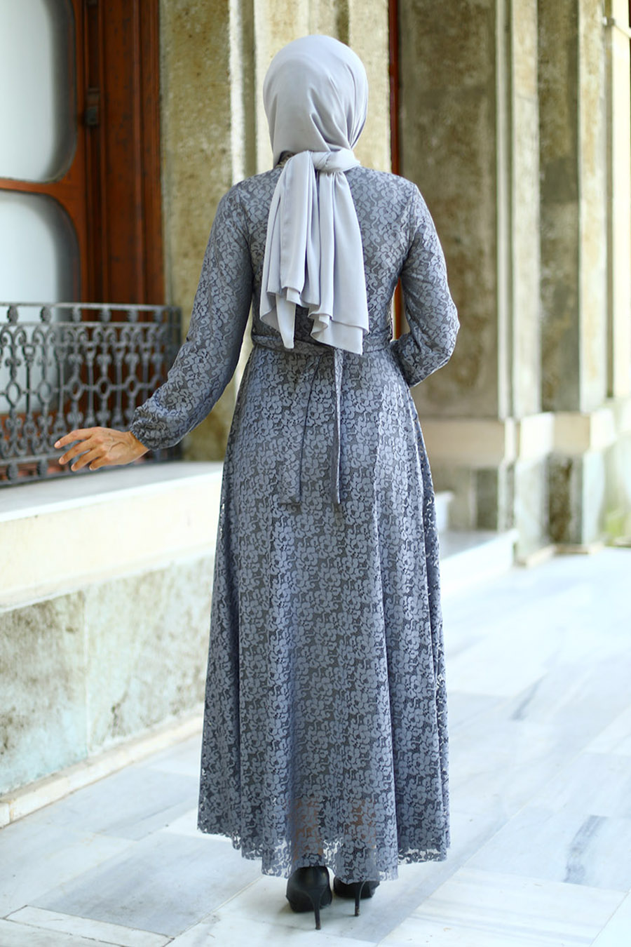 Dantelli Tesettür Elbise - Gri Dantelli Tesettür Elbise - Gri