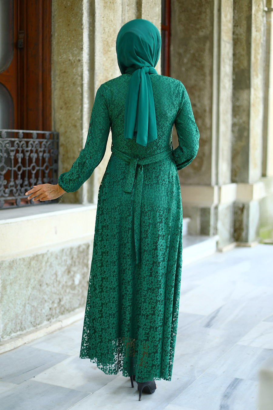 Dantelli Tesettür Elbise - Yeşil