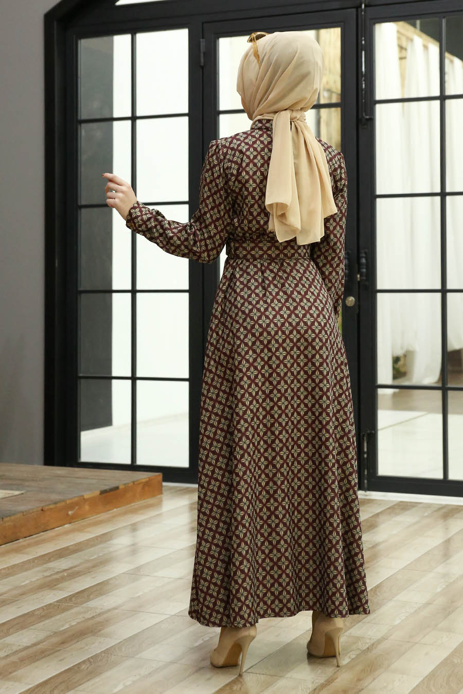 Desenli Bordo Tesettür Elbise - 2468BR Desenli Bordo Tesettür Elbise - 2468BR