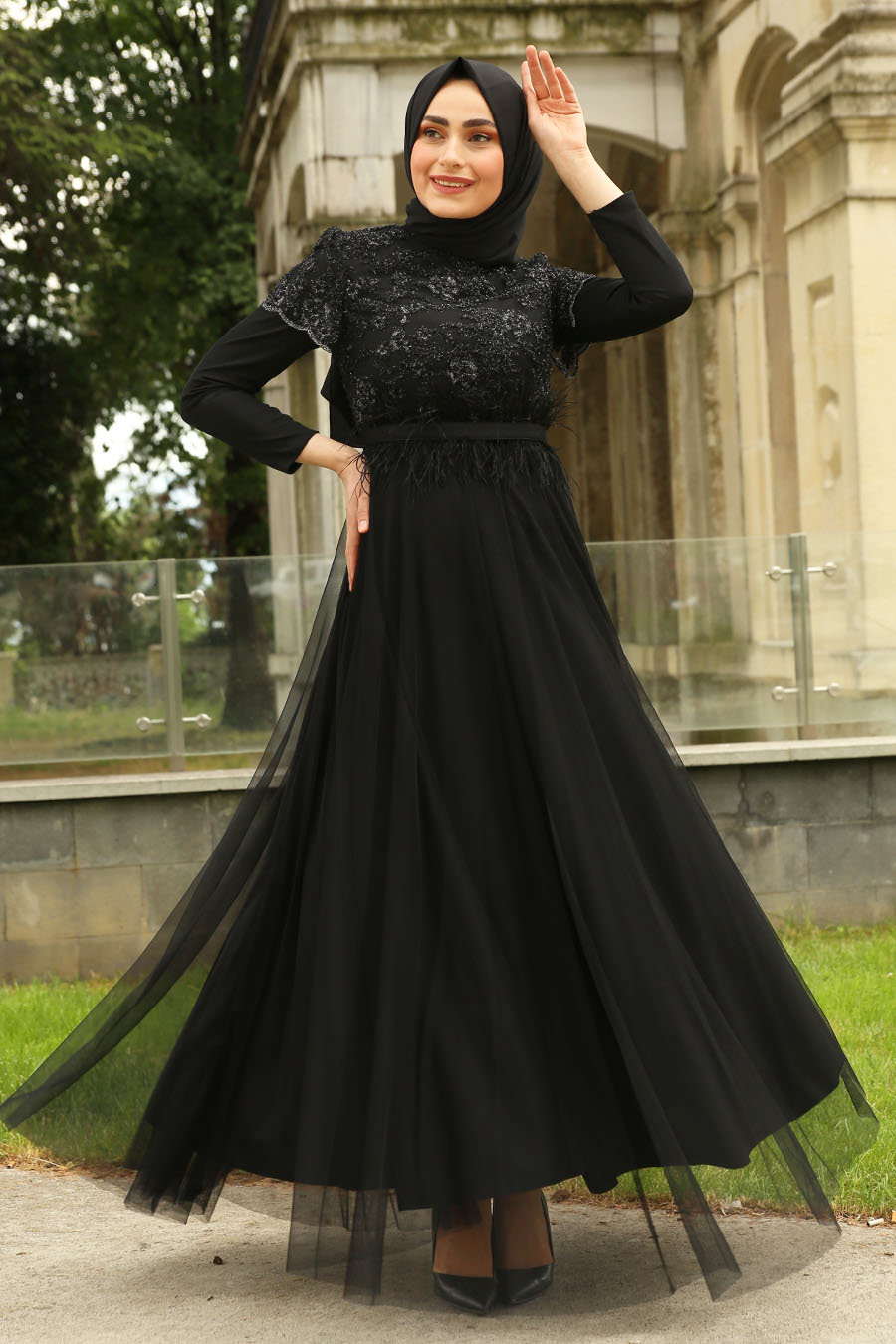 Dantelli Tesettür Abiye Elbise - Siyah