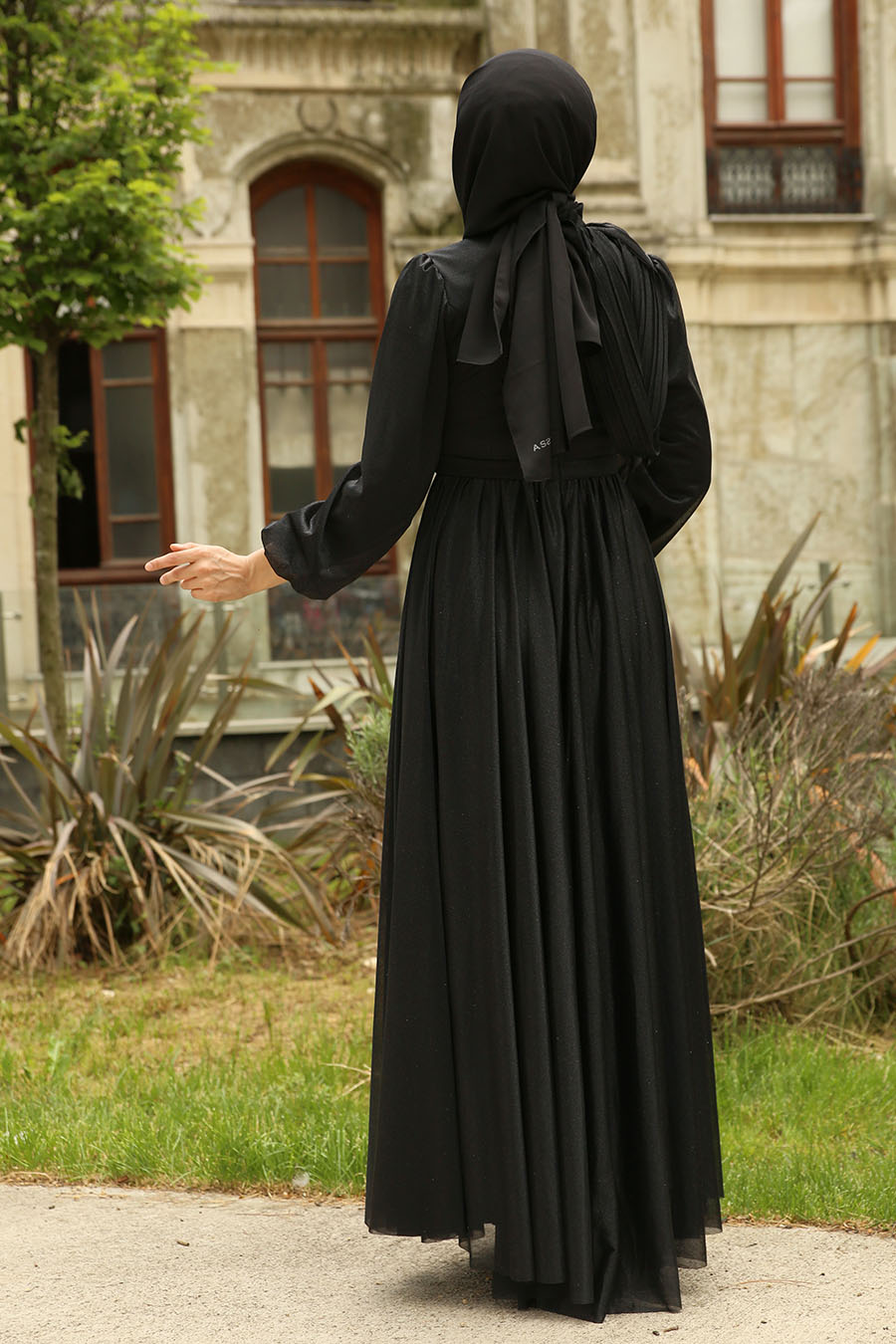 Drapeli Tesettür Abiye Elbise - Siyah
