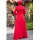 Drapeli Tesettür Abiye Elbise - Kırmızı