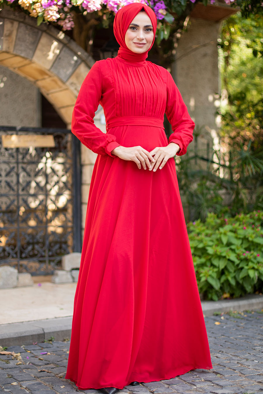 Drapeli Tesettür Abiye Elbise - Kırmızı