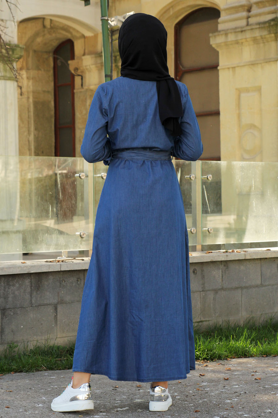 Düğmeli Kot Tesettür Elbise - Mavi