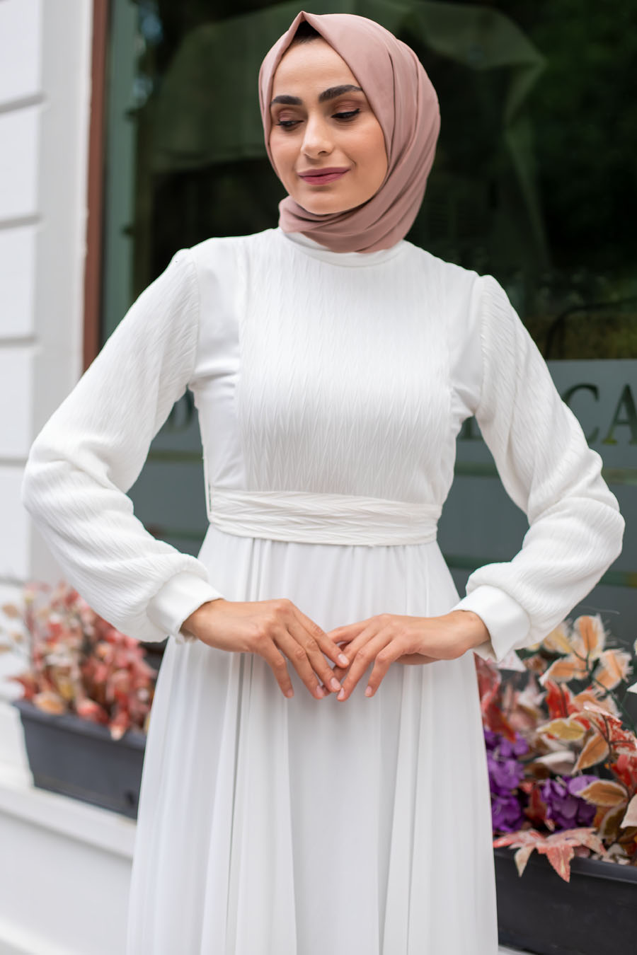 Tesettür Abiye Elbise - Ekru