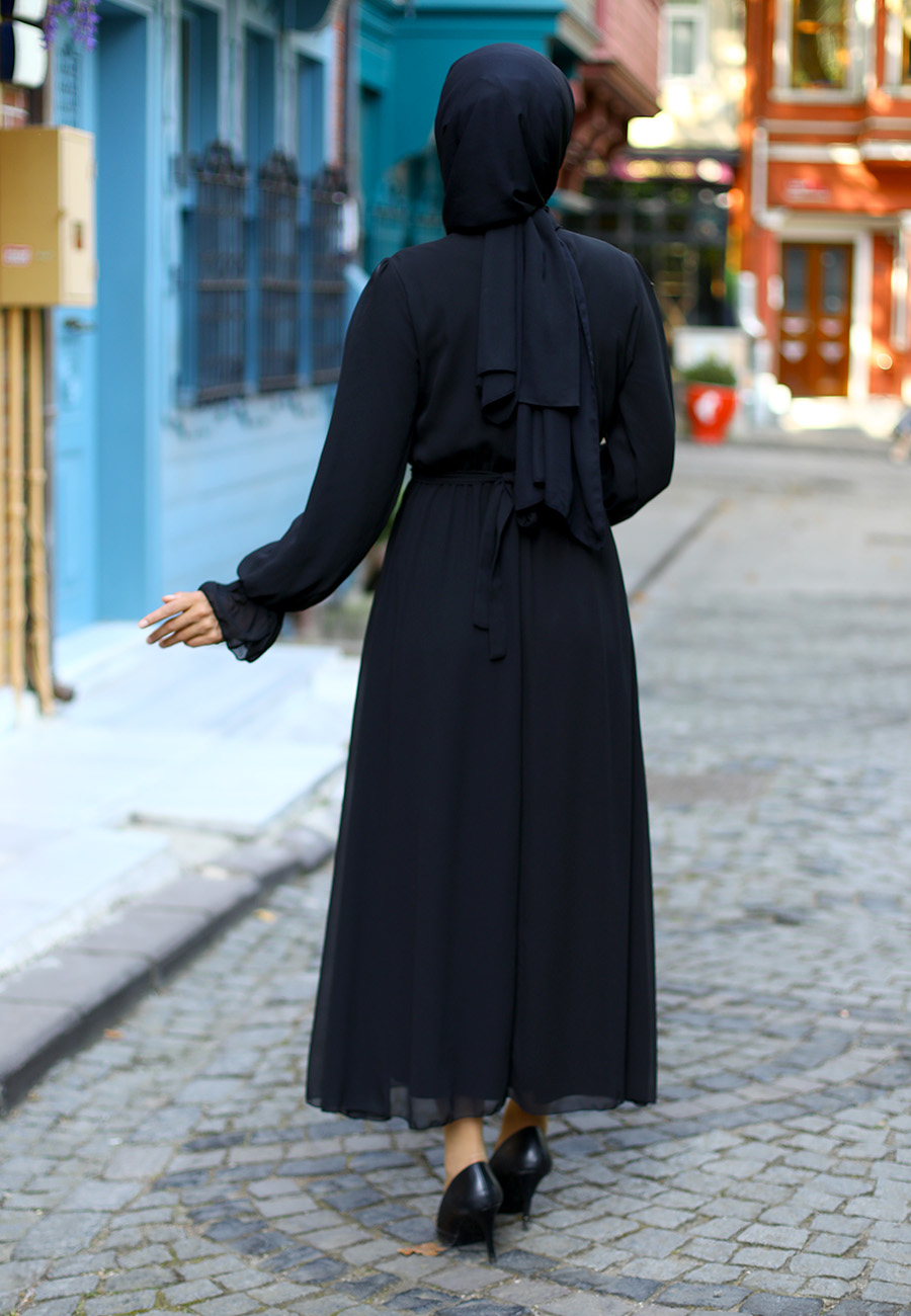 Fırfırlı Tesettür Abiye Elbise - Siyah