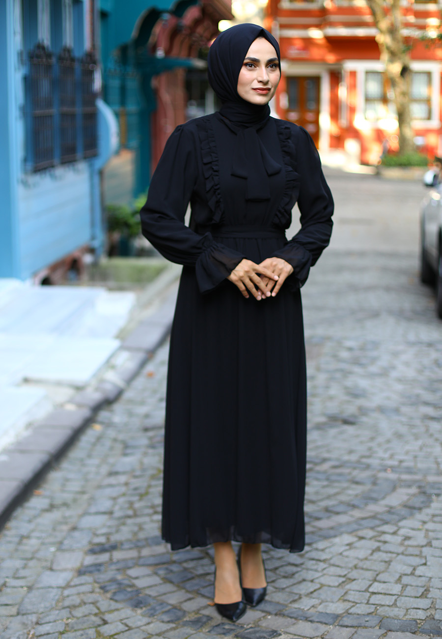 Fırfırlı Tesettür Abiye Elbise - Siyah