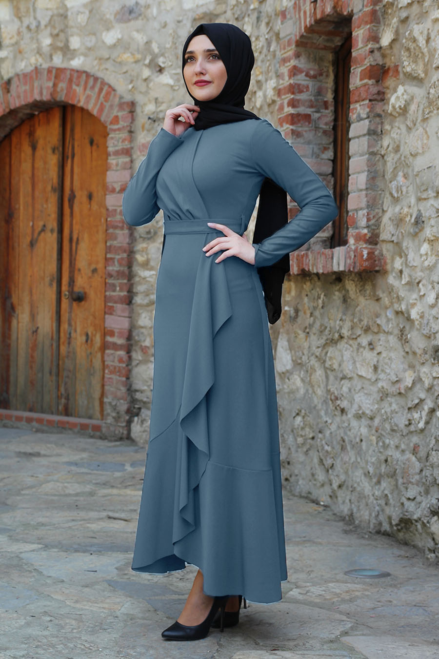 Fırfırlı Tesettür Elbise - İndigo