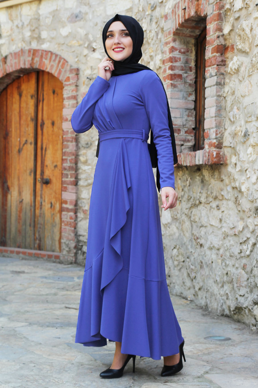 Fırfırlı Tesettür Elbise - Mavi