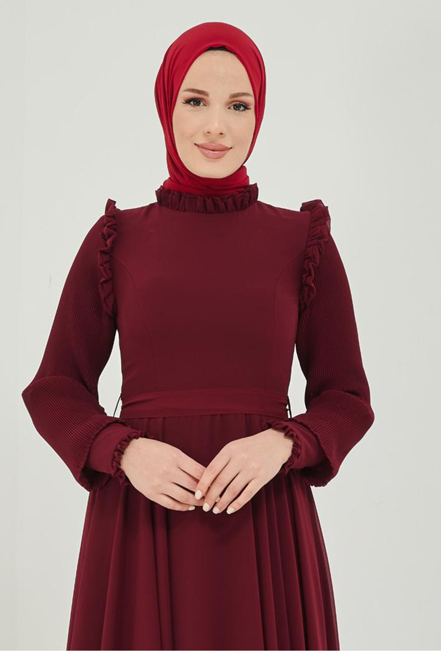 Fırfır Detaylı Tesettür Abiye Elbise - Bordo Fırfır Detaylı Tesettür Abiye Elbise - Bordo