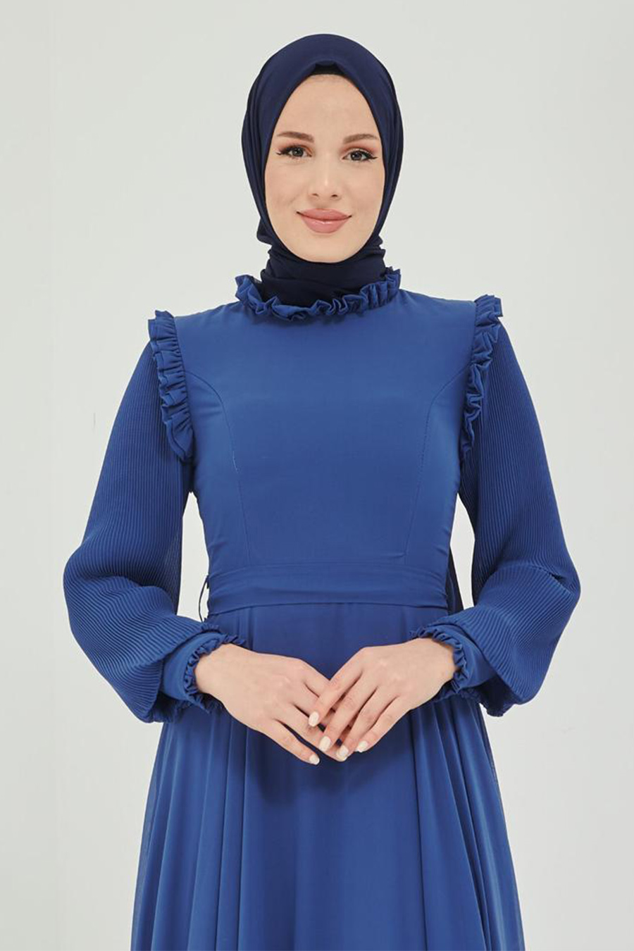 Fırfır Detaylı Tesettür Abiye Elbise - İndigo 