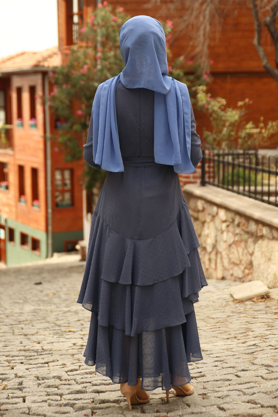  Fırfırlı Tesettür Elbise - İndigo