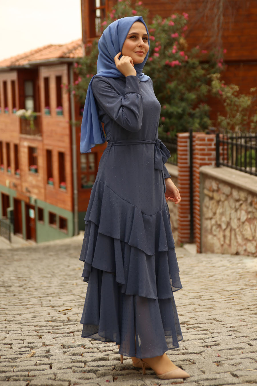  Fırfırlı Tesettür Elbise - İndigo