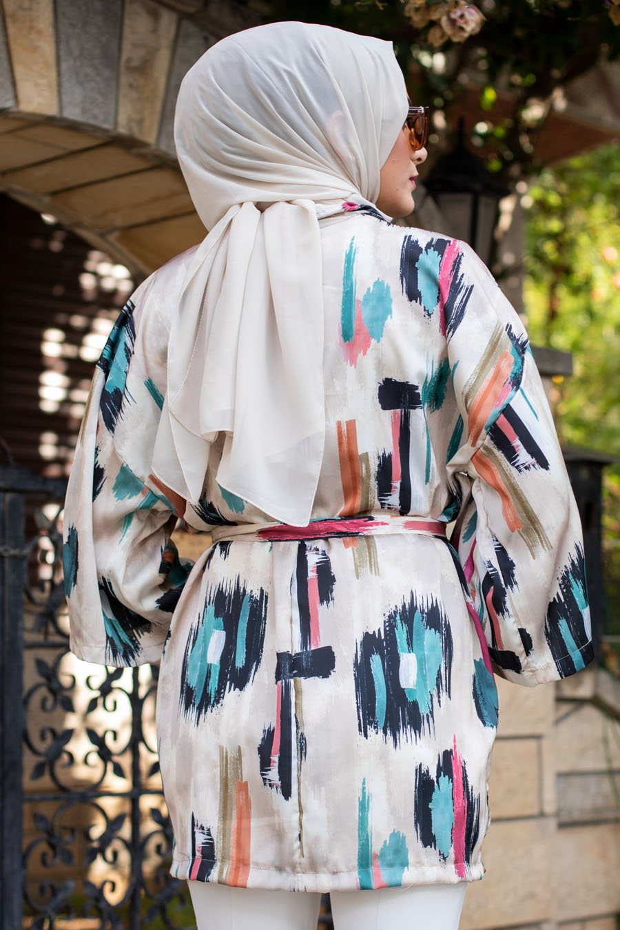 Geometrik Desenli Kimono - Bej 