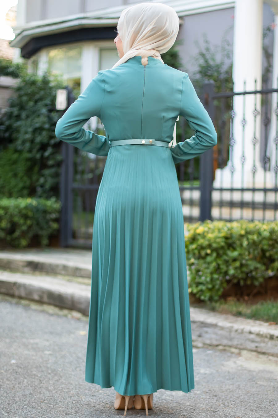 Piliseli Tesettür Elbise - Çağla Yeşili 
