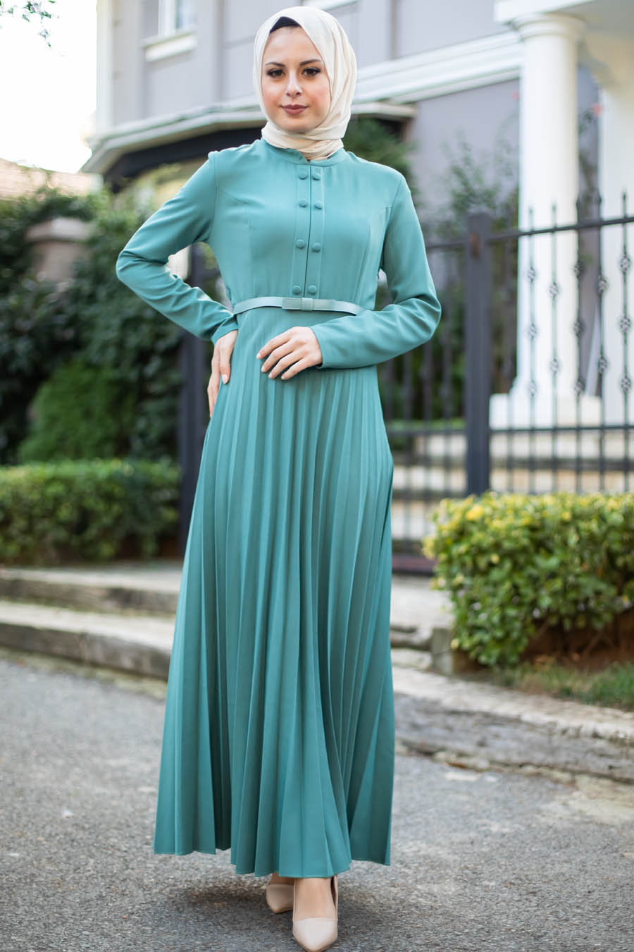 Piliseli Tesettür Elbise - Çağla Yeşili 