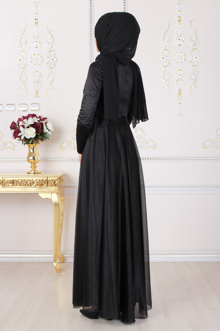 Güpür Detaylı Tesettür Abiye Elbise - Siyah