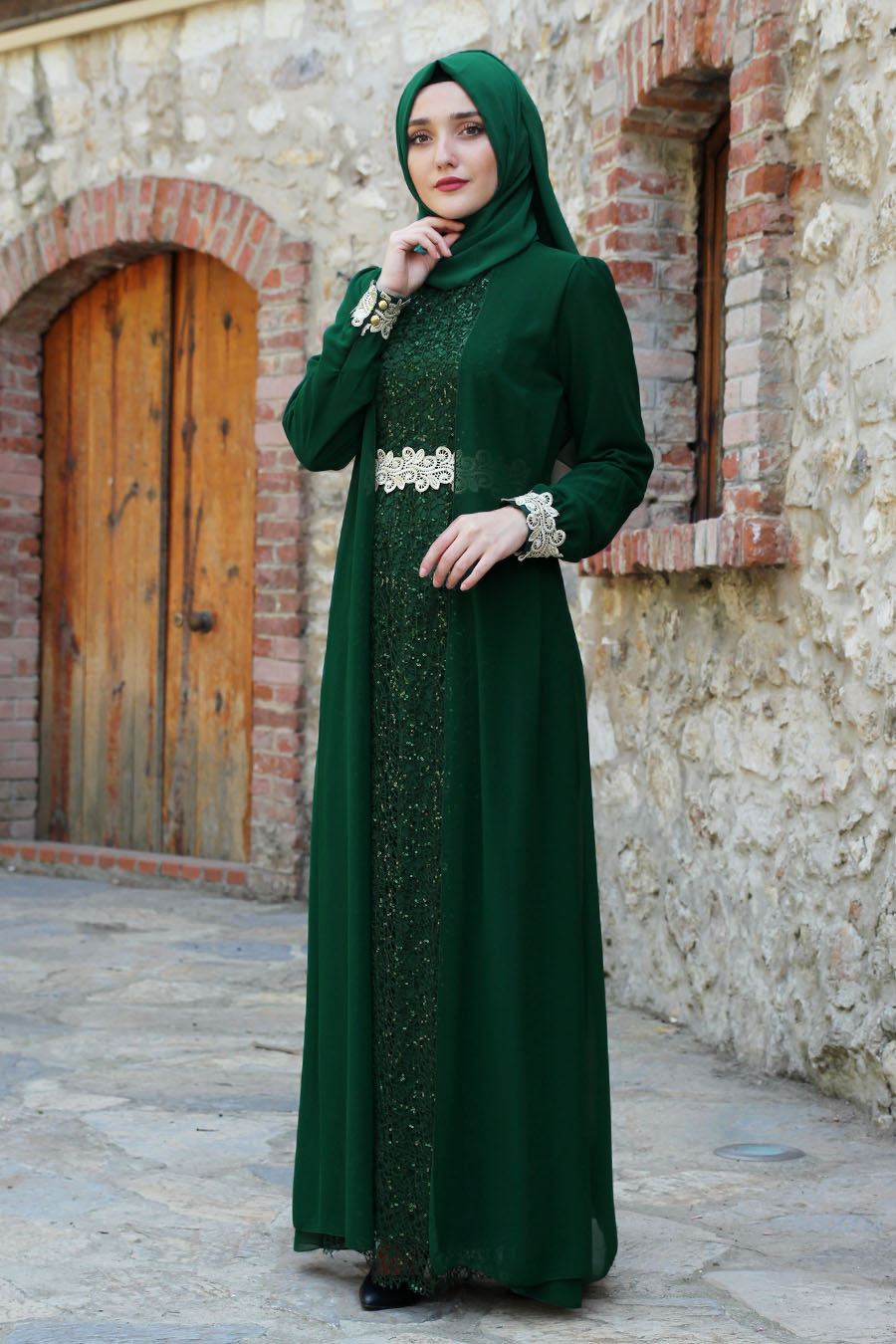 Güpür Detaylı Tesettür Abiye Elbise - Yeşil