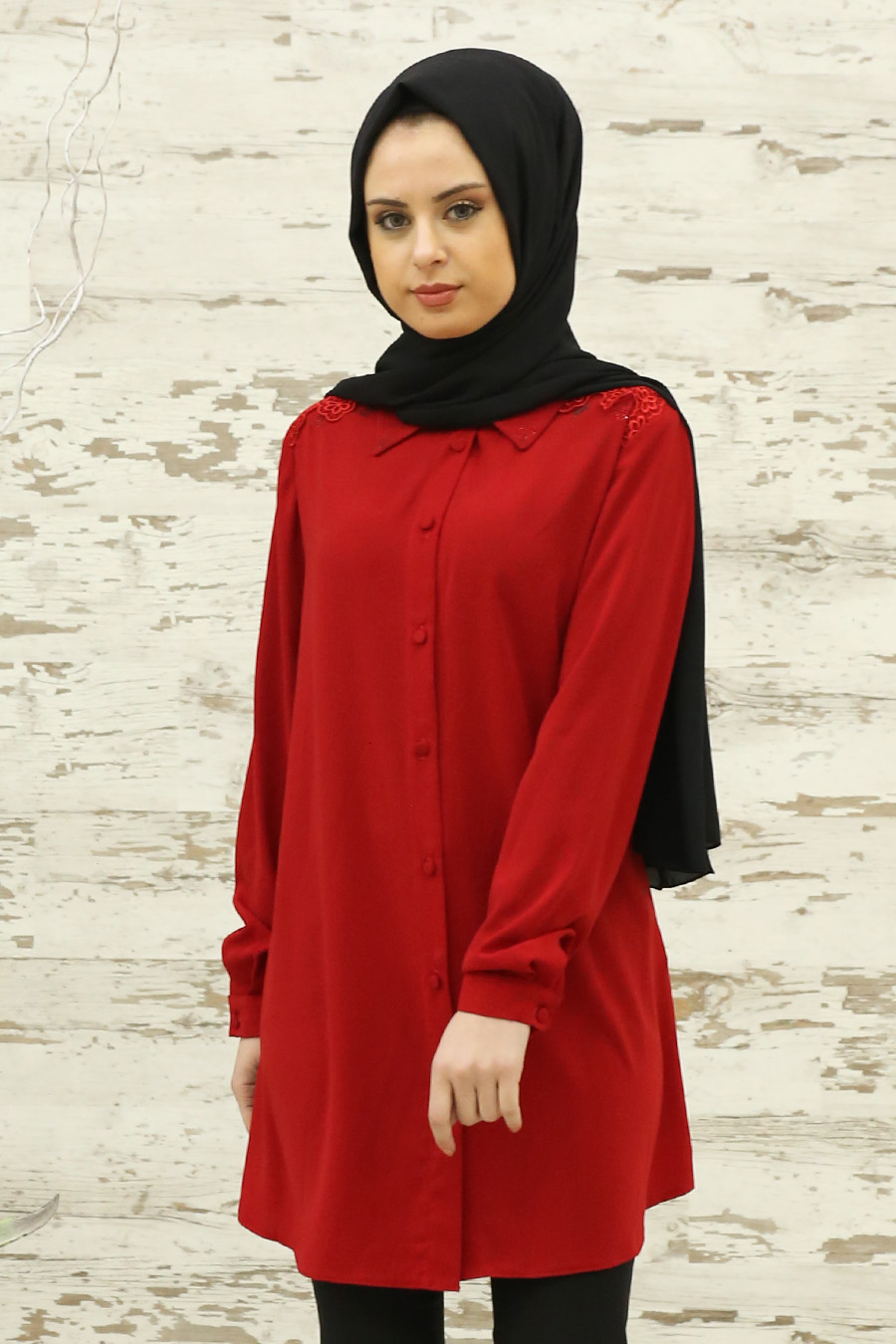 Güpür Detaylı Tunik - Kırmızı