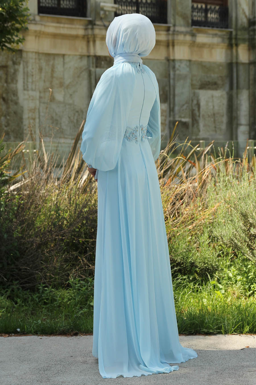 Güpür ve İnci Detaylı Tesettür Abiye Elbise - Bebe Mavisi