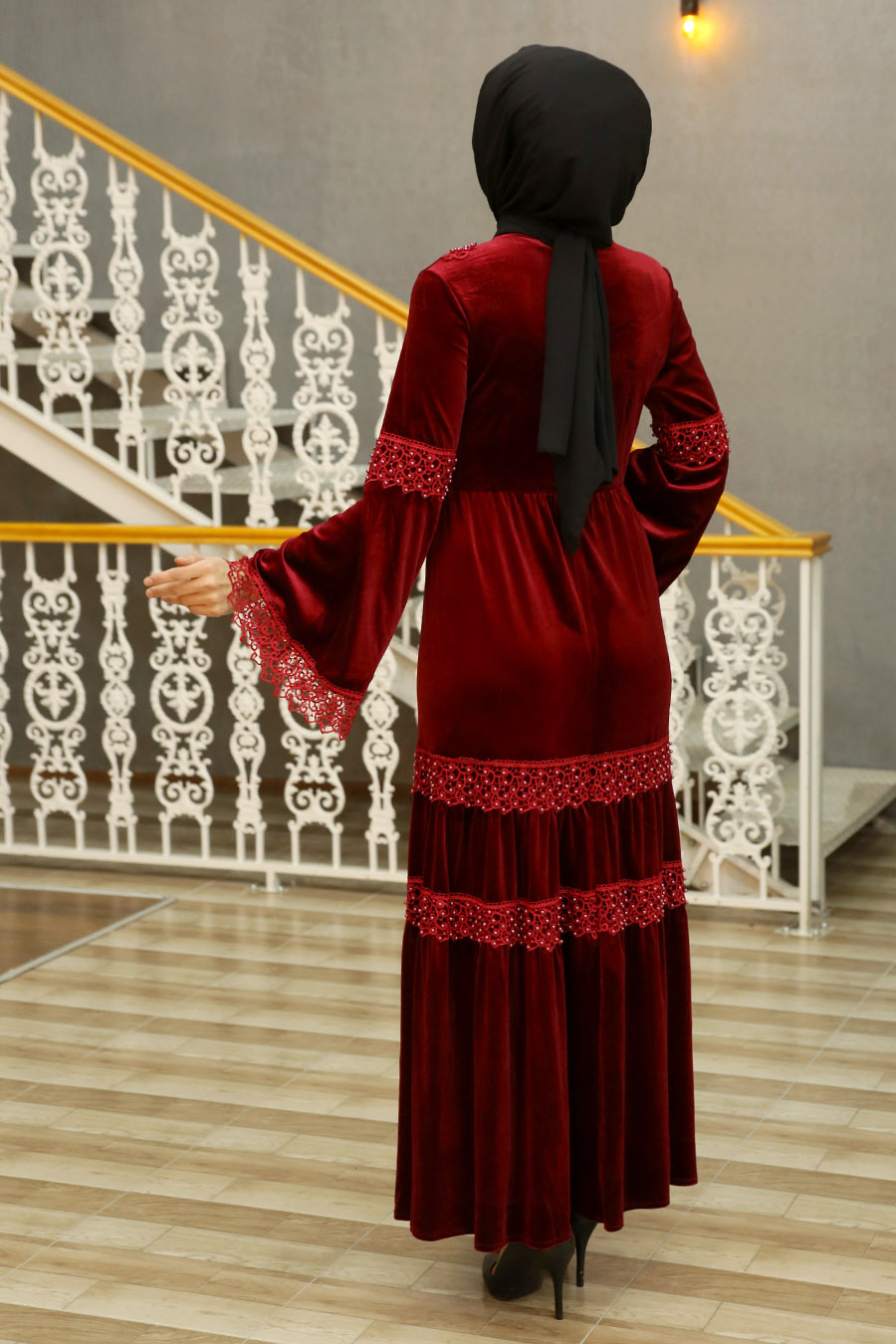 Güpürlü Kadife Tesettür Elbise - Bordo 