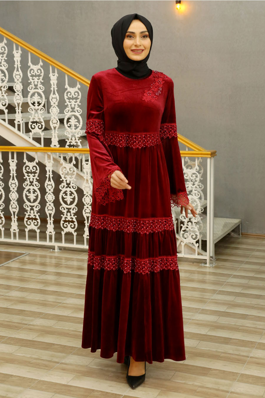 Güpürlü Kadife Tesettür Elbise - Bordo 