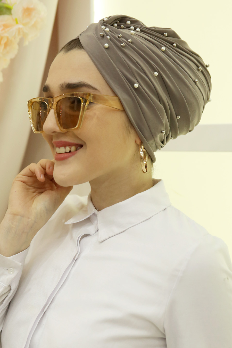 İnci Detaylı Bone Şal - Bej