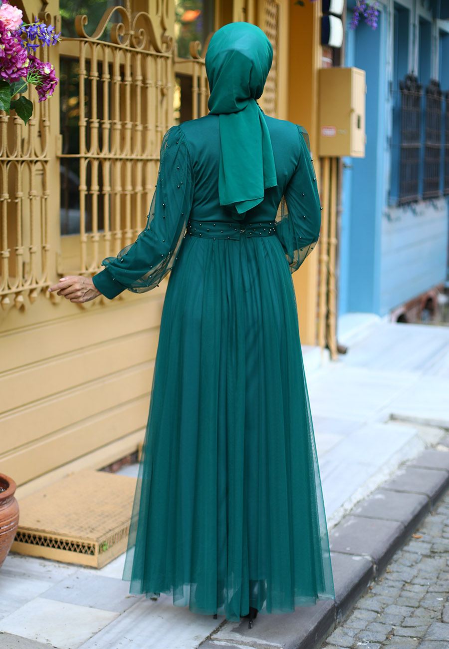 İnci Detaylı Tesettür Abiye Elbise - Yeşil