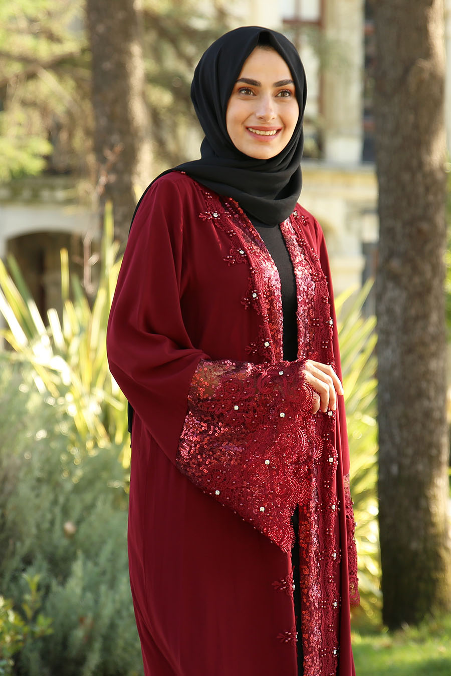 İşleme Detaylı Taşlı Abaya - Bordo