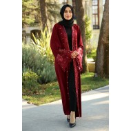 İşleme Detaylı Taşlı Abaya - Bordo