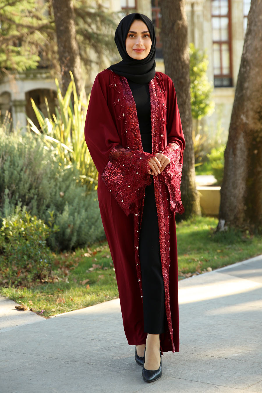 İşleme Detaylı Taşlı Abaya - Bordo